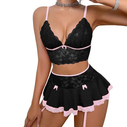 Lingerie Cosplay Sexy – Mini-Jupe et Soutien-gorge Ouvert