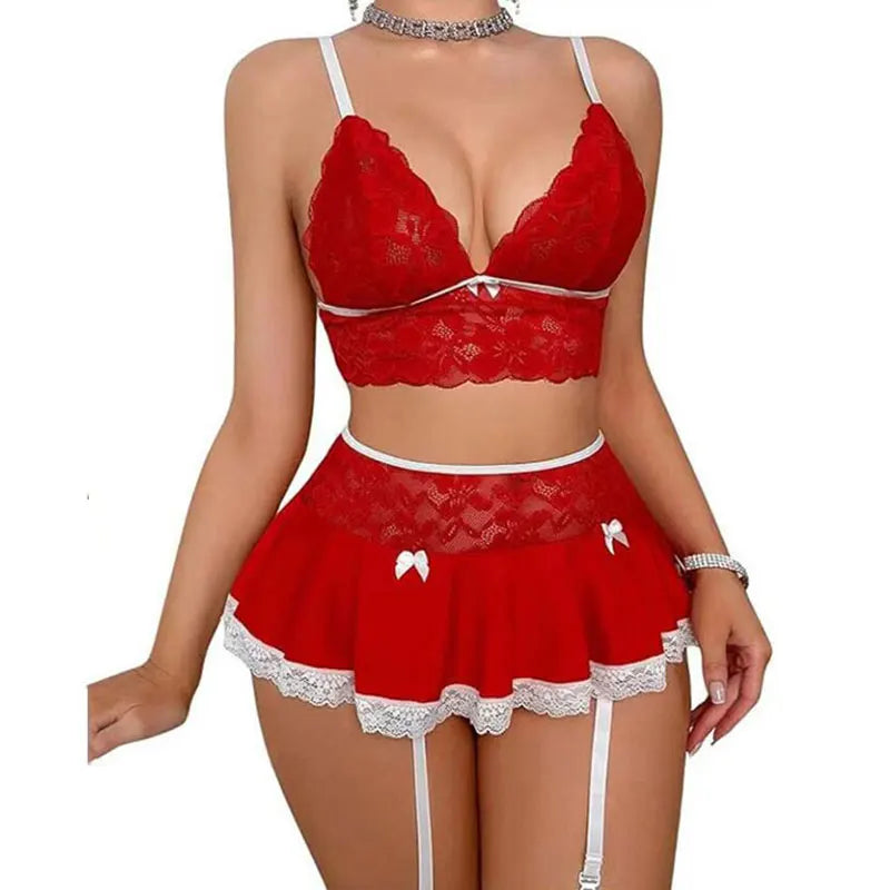 Lingerie Cosplay Sexy – Mini-Jupe et Soutien-gorge Ouvert