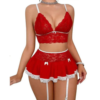 Lingerie Cosplay Sexy – Mini-Jupe et Soutien-gorge Ouvert