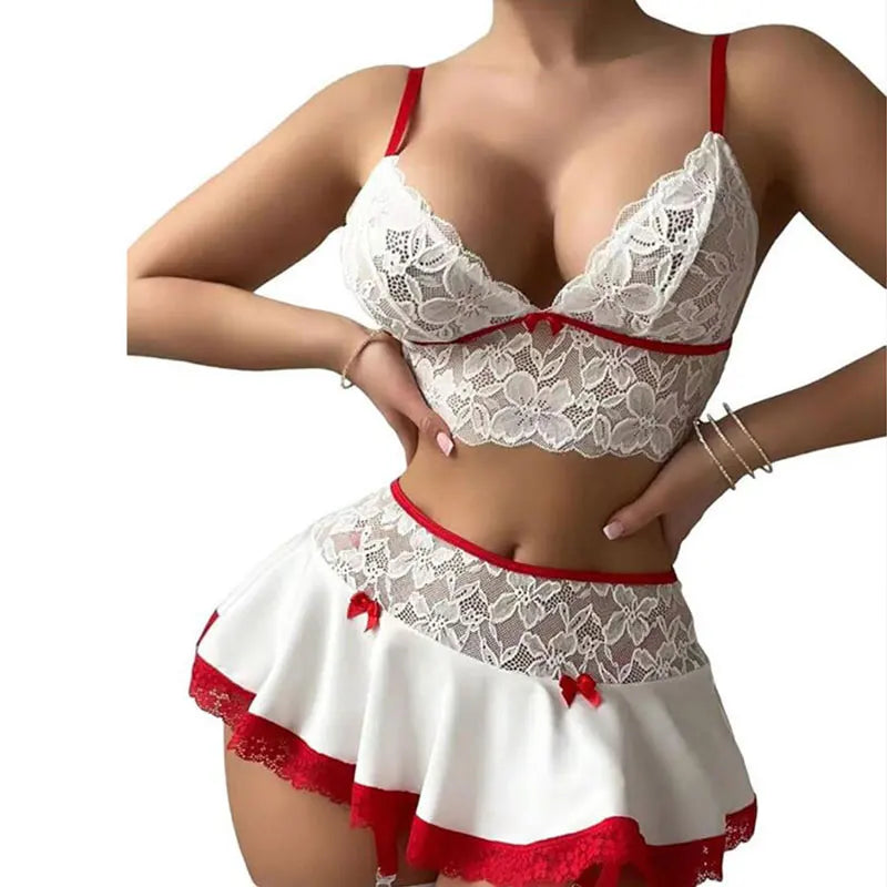 Lingerie Cosplay Sexy – Mini-Jupe et Soutien-gorge Ouvert