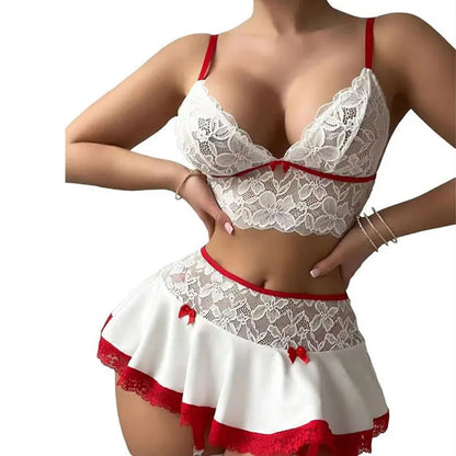 Lingerie Cosplay Sexy – Mini-Jupe et Soutien-gorge Ouvert