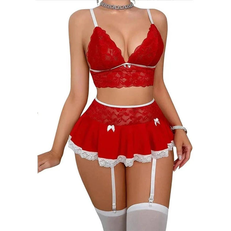 Lingerie Cosplay Sexy – Mini-Jupe et Soutien-gorge Ouvert